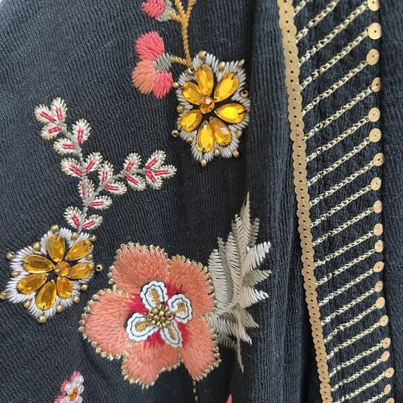 Johnny Was NWT Biya Short Kimono Open Black Beaded Sequin Boho Sz S Oversized - Picture 4 of 8